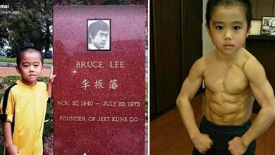 日本10歲男孩模仿李小龍，一身肌肉過目難忘，偶像墓前表演雙節棍終圓夢，網友卻心生擔憂：長不高~